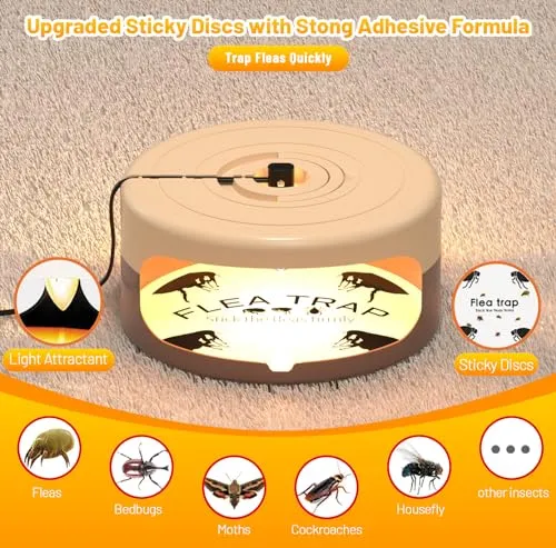 2 Pack Flea Traps for Inside Your Home with 8 Sticky Disc & 4 Bulbs & 2 Electric Wires, Flea Killer Indoor Bed Bug Trap Pest Control, Non Toxic & Harmless, Friendly to Pets & Kids