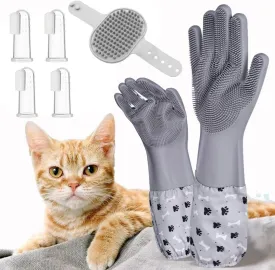 3in1 Pet Bath Set,Washing Extended Length Gloves, Toothbrush, Dog Bath Scrubber Brush for Bath, Cat Bathing Supplies, Pet Grooming Cleaning Gloves for Massaging,Grooming