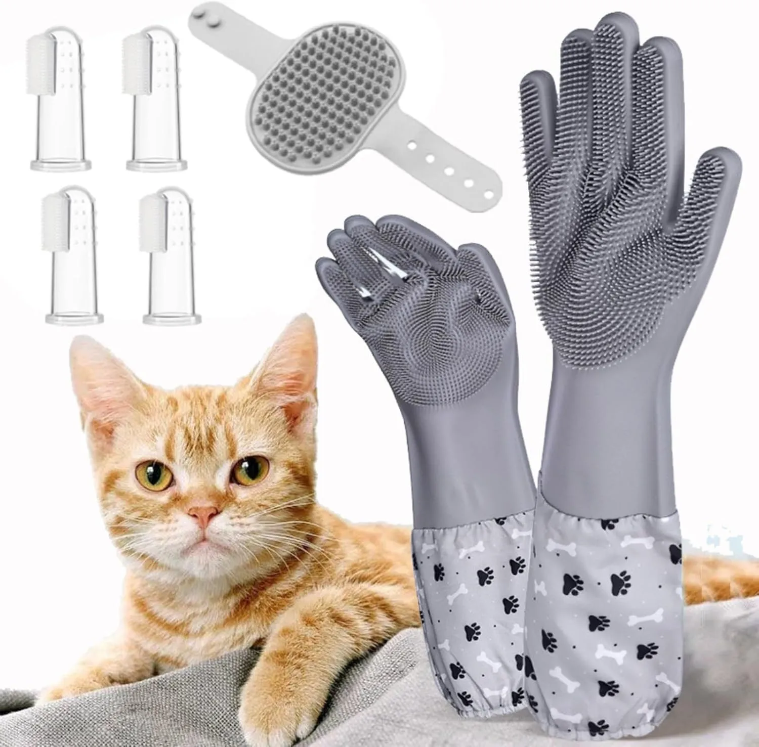 3in1 Pet Bath Set,Washing Extended Length Gloves, Toothbrush, Dog Bath Scrubber Brush for Bath, Cat Bathing Supplies, Pet Grooming Cleaning Gloves for Massaging,Grooming