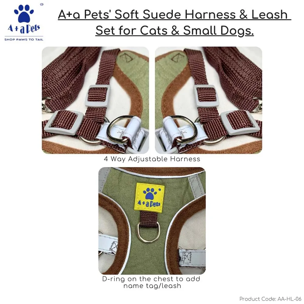A a Pets' Reflective Harness & Leash Set for Cats, Puppies, Small Dogs Suede Fabric - Dark Green