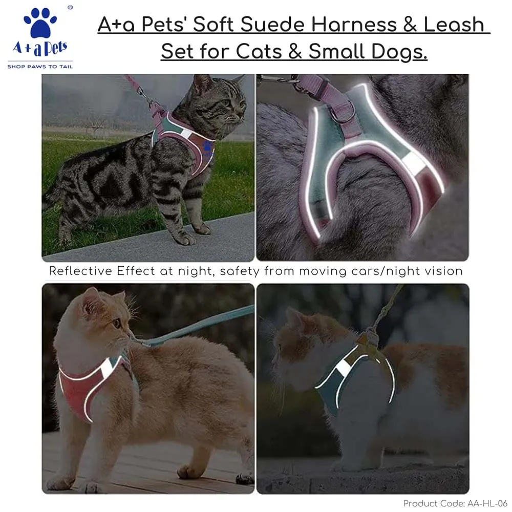A a Pets' Reflective Harness & Leash Set for Cats, Puppies, Small Dogs Suede Fabric - Dark Green
