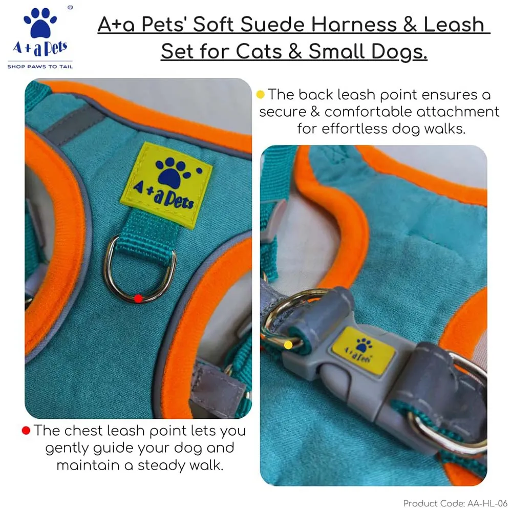 A a Pets' Reflective Harness & Leash Set for Cats, Puppies, Small Dogs Suede Fabric - Dark Green