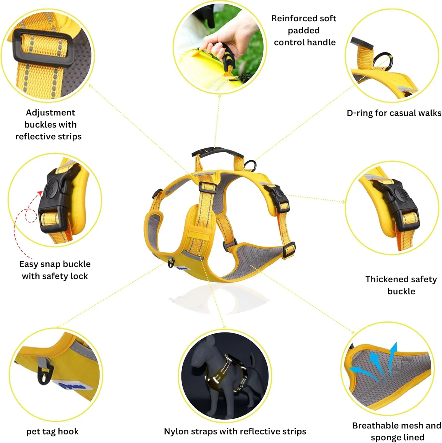 ALABAI Dog Harness, No Pull Adjustable Pet Harness with Soft Padded Handle, Reflective Control Harness for Medium Large Dogs, Comfortable, Durable, and Versatile for Easy Walking (Yellow, M)