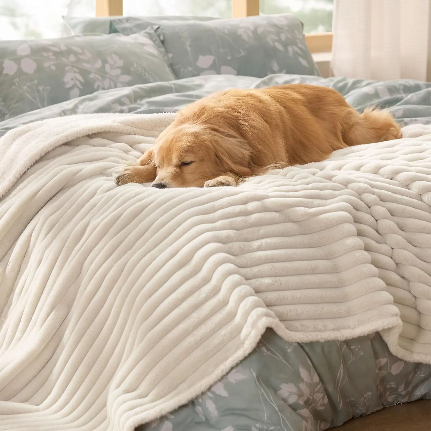 Bedsure Waterproof Dog Blankets for Large Dogs - Soft Pet Cat Blanket Corduroy Fleece for Bed Protector Washable, Cozy Calming Reversible Furniture Protection for Puppy,60"x80", Cream