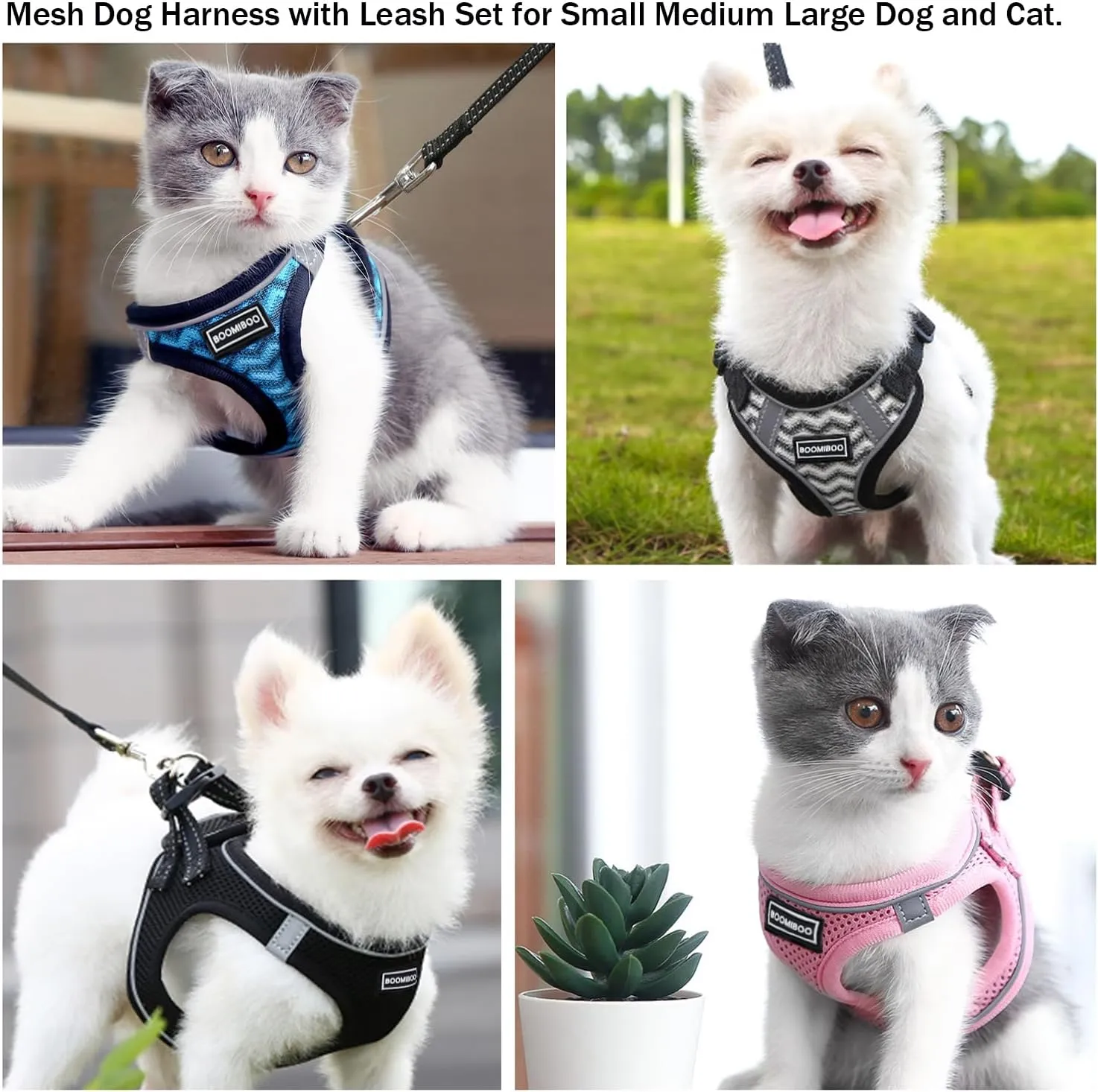BOOMIBOO Dog Harness with Leash Set, No Pull Adjustable Reflective Step-in Puppy Pet Vest Harnesses for Small Medium Large Dogs and Cats,Pink M