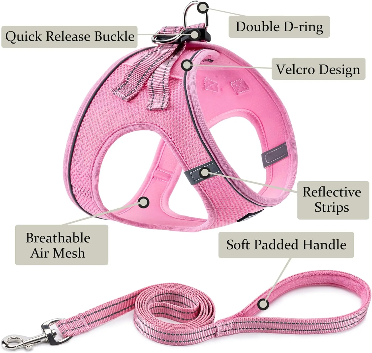 BOOMIBOO Dog Harness with Leash Set, No Pull Adjustable Reflective Step-in Puppy Pet Vest Harnesses for Small Medium Large Dogs and Cats,Pink M
