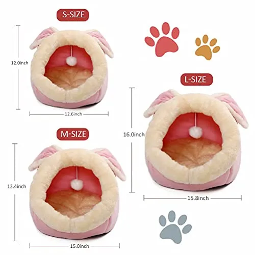 Cat Beds for Indoor Cats - Small Dog Bed with Anti-Slip Bottom, Rabbit-Shaped Cat/Small Dog Cave with Hanging Toy, Puppy Bed with Removable Cotton Pad, Super Soft Calming Pet Sofa Bed (Pink Medium)