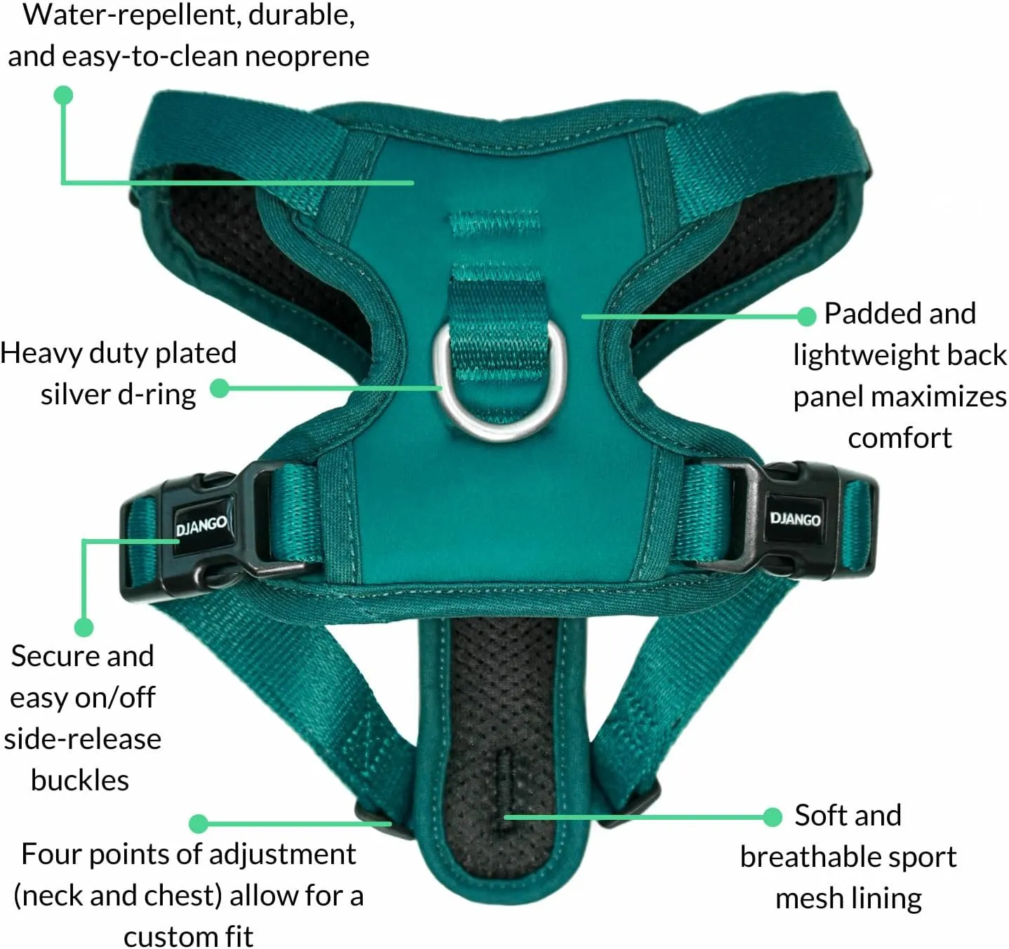 DJANGO Tahoe No Pull Dog Harness - Durable and Comfortable Neoprene Pet Harness for Dogs - Padded Pet Harness for Everyday Use - Adjustable Pet Harness for Medium Dogs - Teal Green Medium Dog Harness