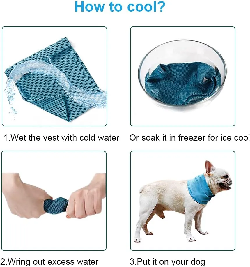 Dog Cooling Bandana Collar, Ice Instant Cooling Pet Bandana Scarf Collar for Small Medium Dogs, Breathable Ice Towels Bulldog Cats Ice Collar Summer Cooling Towel Neck Wrap with Leash Hole Blue