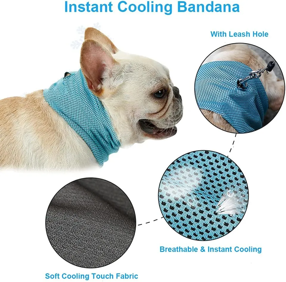 Dog Cooling Bandana Collar, Ice Instant Cooling Pet Bandana Scarf Collar for Small Medium Dogs, Breathable Ice Towels Bulldog Cats Ice Collar Summer Cooling Towel Neck Wrap with Leash Hole Blue