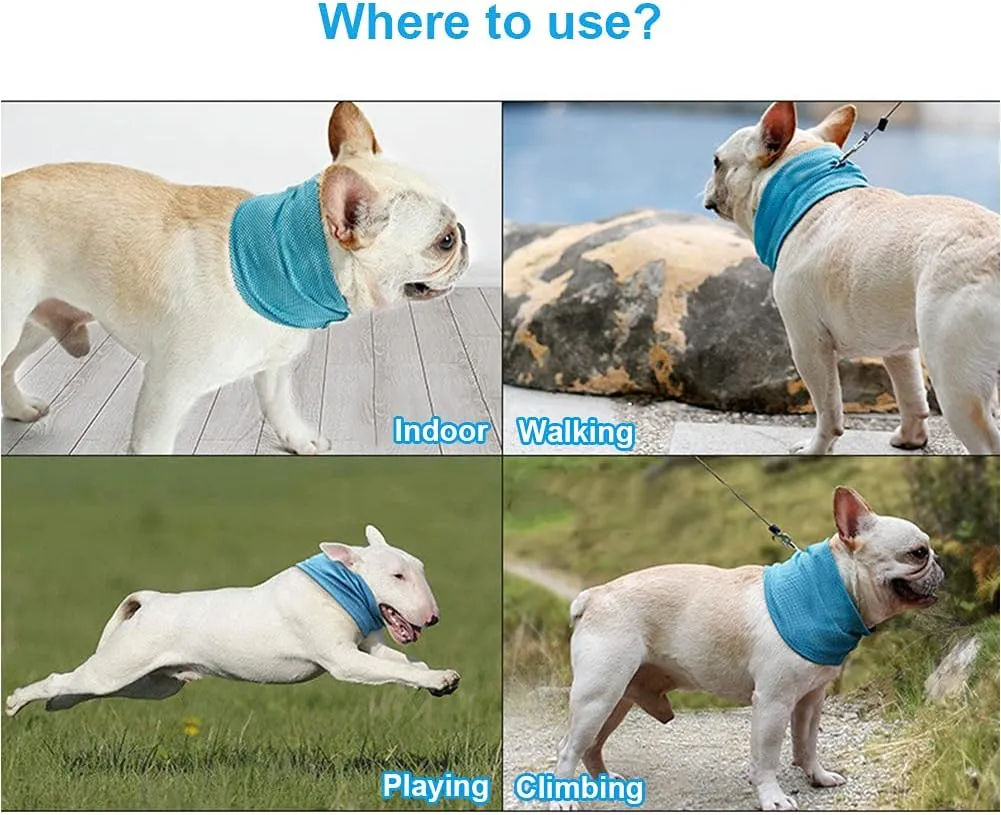 Dog Cooling Bandana Collar, Ice Instant Cooling Pet Bandana Scarf Collar for Small Medium Dogs, Breathable Ice Towels Bulldog Cats Ice Collar Summer Cooling Towel Neck Wrap with Leash Hole Blue