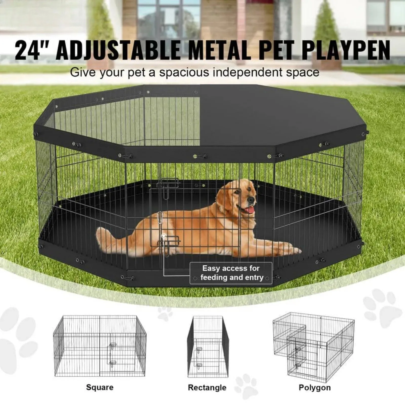 Dog Playpen 8 Panels Foldable Metal Dog Exercise Pen with Top Cover and Bottom Pad 24 in. H P Crate Kennel