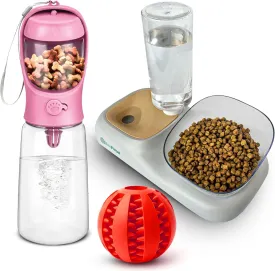 Dog Water Bowl Dispenser Set  Portable Travel Pet Water Bottle & Food Bowl with Chew Toy  Large Capacity, Leak-Proof & Easy to Carry  Blue & Pink