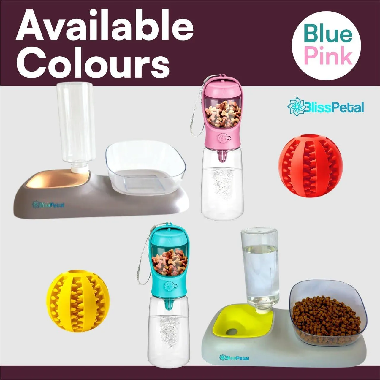 Dog Water Bowl Dispenser Set  Portable Travel Pet Water Bottle & Food Bowl with Chew Toy  Large Capacity, Leak-Proof & Easy to Carry  Blue & Pink