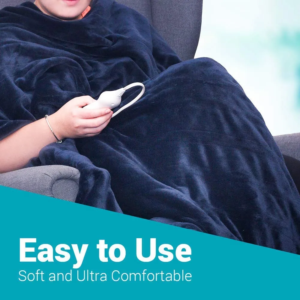 Dr Relief by SUNAID Electric Heated Throw Blanket Fleece with Controller, 4 Hours Auto Shut-Off, Fast Warming, Full-Body Comfort, Luxuriously Soft, Machine Washable, 50" x 60", Micromink for Cozy Couch or Bed (Navy)