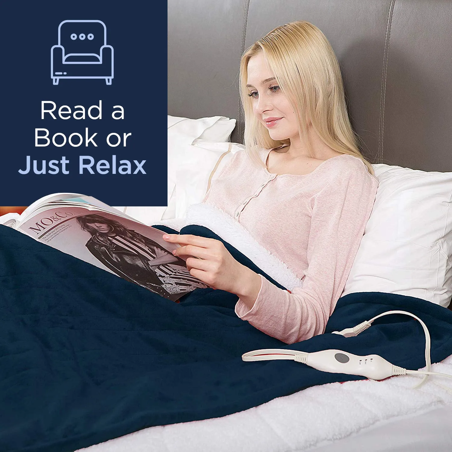 Dr Relief by SUNAID Electric Heated Throw Blanket Fleece with Controller, 4 Hours Auto Shut-Off, Fast Warming, Full-Body Comfort, Luxuriously Soft, Machine Washable, 50" x 60", Micromink for Cozy Couch or Bed (Navy)