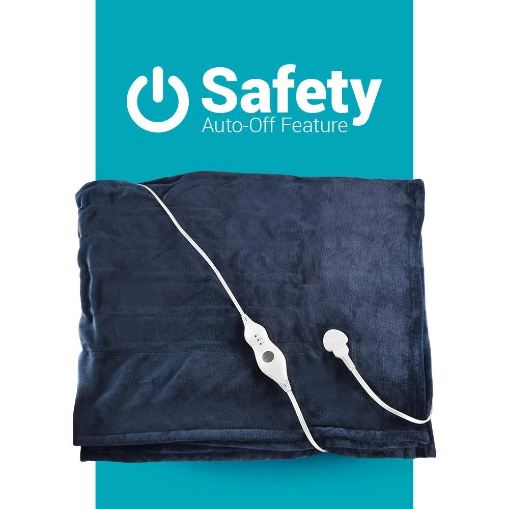Dr Relief by SUNAID Electric Heated Throw Blanket Fleece with Controller, 4 Hours Auto Shut-Off, Fast Warming, Full-Body Comfort, Luxuriously Soft, Machine Washable, 50" x 60", Micromink for Cozy Couch or Bed (Navy)