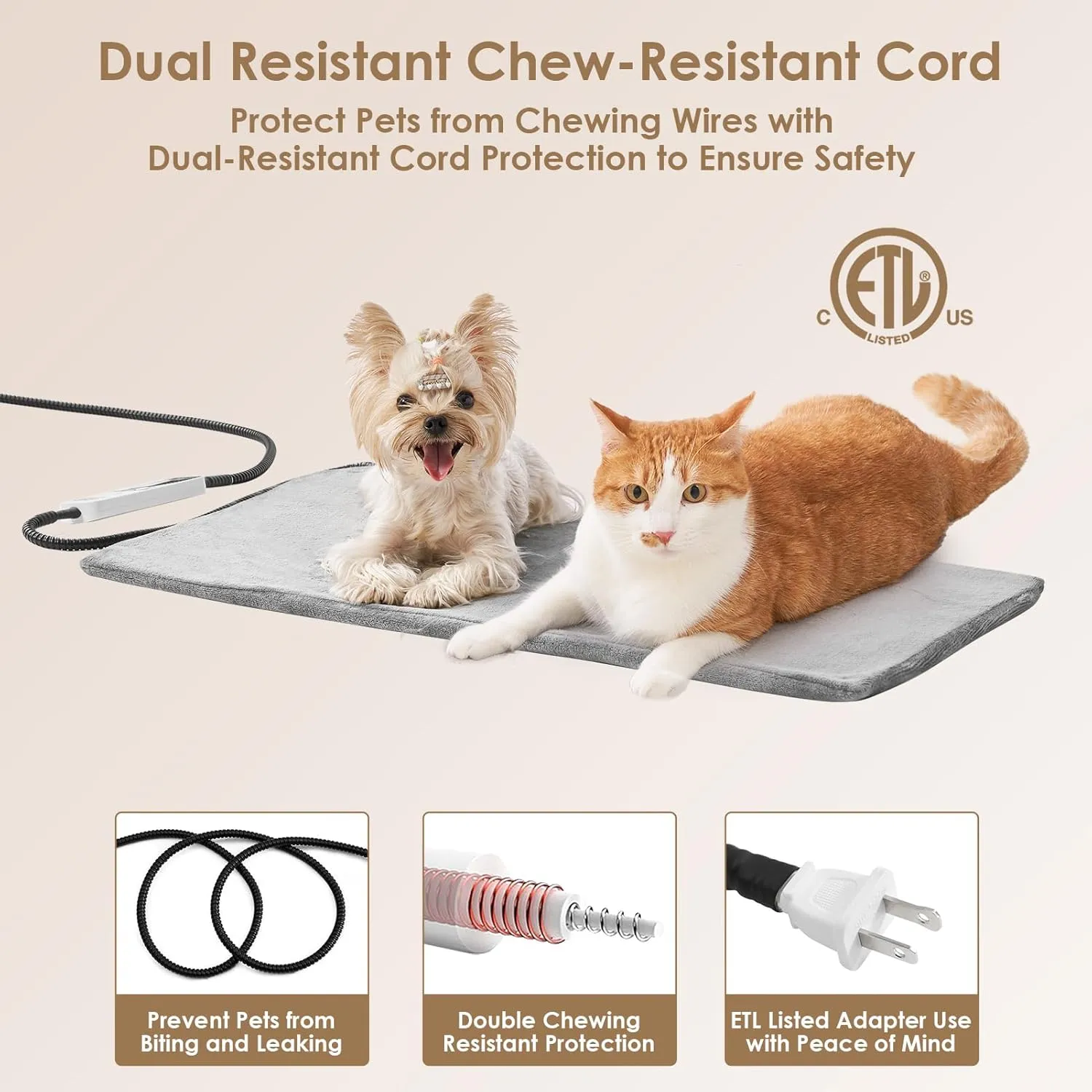 EHEYCIGA Heated Cat Bed Indoor, 6 Adjustable Temperature Dog Cat Heating Pad with Timer, Chew Resistant Cord, Waterproof for Winter, 28"x16", Grey