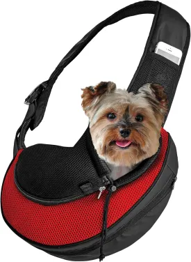 Expandable Pet Carrier Sling Bag - Small Dog, Puppy and Cat Carrier Front Shoulder Backpack w/Harness Strap - Carrying Pouch for ESA, Animal Travel - PU Leather Bottom, Mesh Pocket by Katziela (Red)