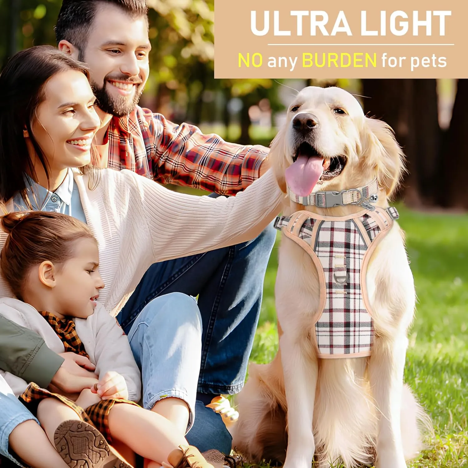 GAMUDA Dog Harness Collar and Leash Set, Dog Harness, No Chock No Pull Adjustable Vest Harnesses Plaid Reflective for Medium Dog, Cat, Small Horse, Small Bull and Pig (Beige, L)