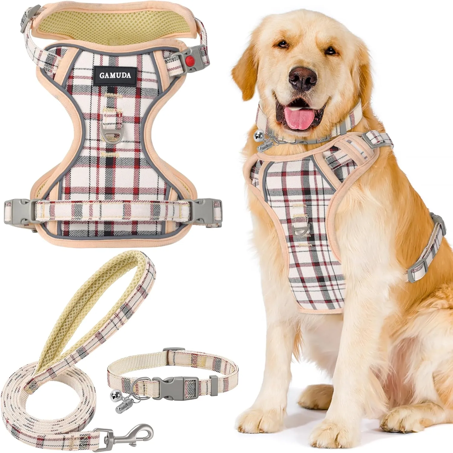 GAMUDA Dog Harness Collar and Leash Set, Dog Harness, No Chock No Pull Adjustable Vest Harnesses Plaid Reflective for Medium Dog, Cat, Small Horse, Small Bull and Pig (Beige, L)
