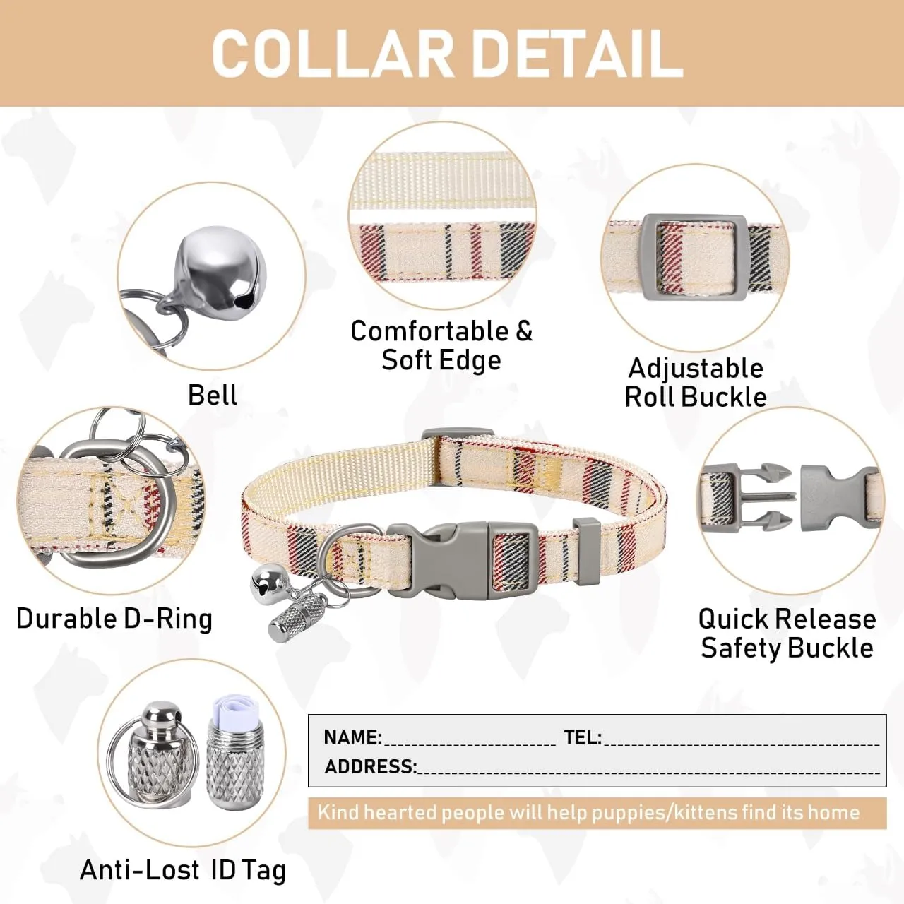GAMUDA Dog Harness Collar and Leash Set, Dog Harness, No Chock No Pull Adjustable Vest Harnesses Plaid Reflective for Medium Dog, Cat, Small Horse, Small Bull and Pig (Beige, L)