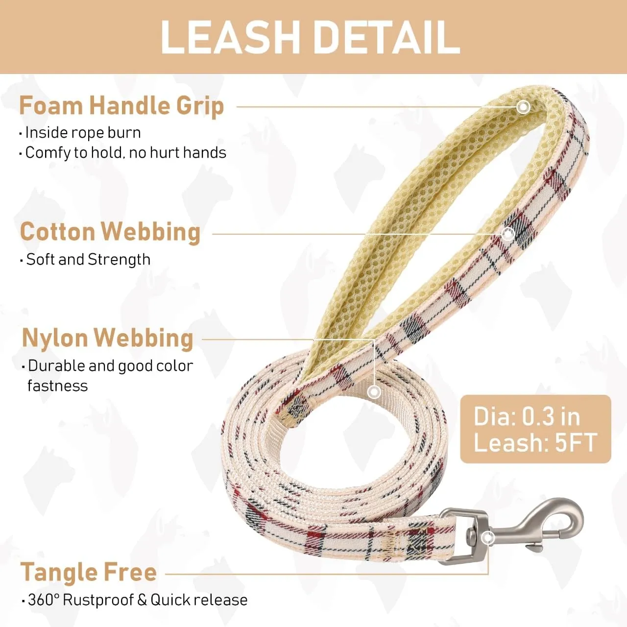 GAMUDA Dog Harness Collar and Leash Set, Dog Harness, No Chock No Pull Adjustable Vest Harnesses Plaid Reflective for Medium Dog, Cat, Small Horse, Small Bull and Pig (Beige, L)