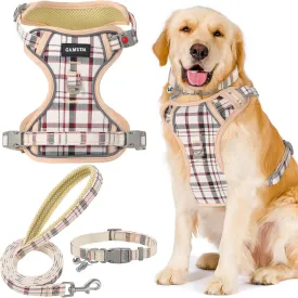 GAMUDA Dog Harness Collar and Leash Set, Dog Harness, No Chock No Pull Adjustable Vest Harnesses Plaid Reflective for Medium Dog, Cat, Small Horse, Small Bull and Pig (Beige, L)