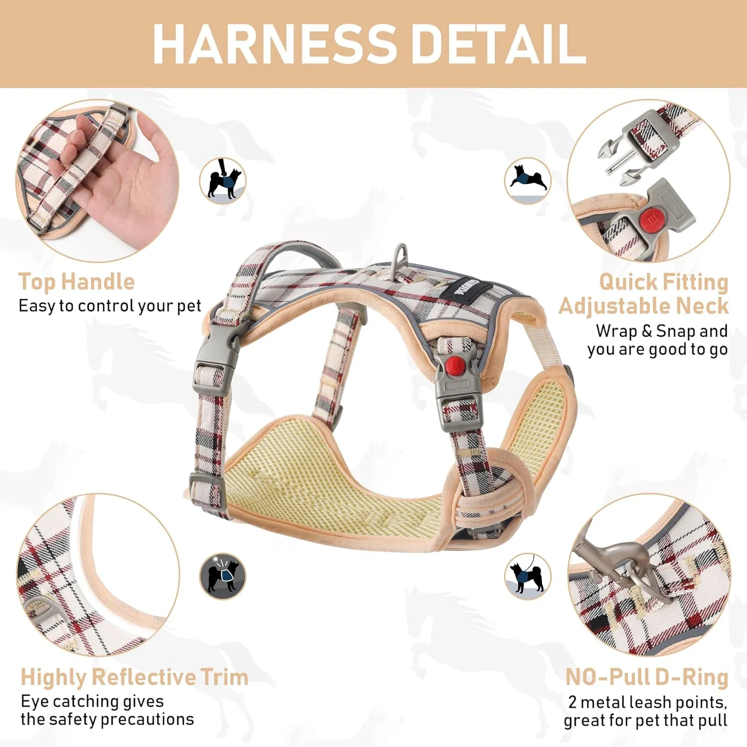 GAMUDA Dog Harness Collar and Leash Set, Dog Harness, No Chock No Pull Adjustable Vest Harnesses Plaid Reflective for Medium Dog, Cat, Small Horse, Small Bull and Pig (Beige, L)
