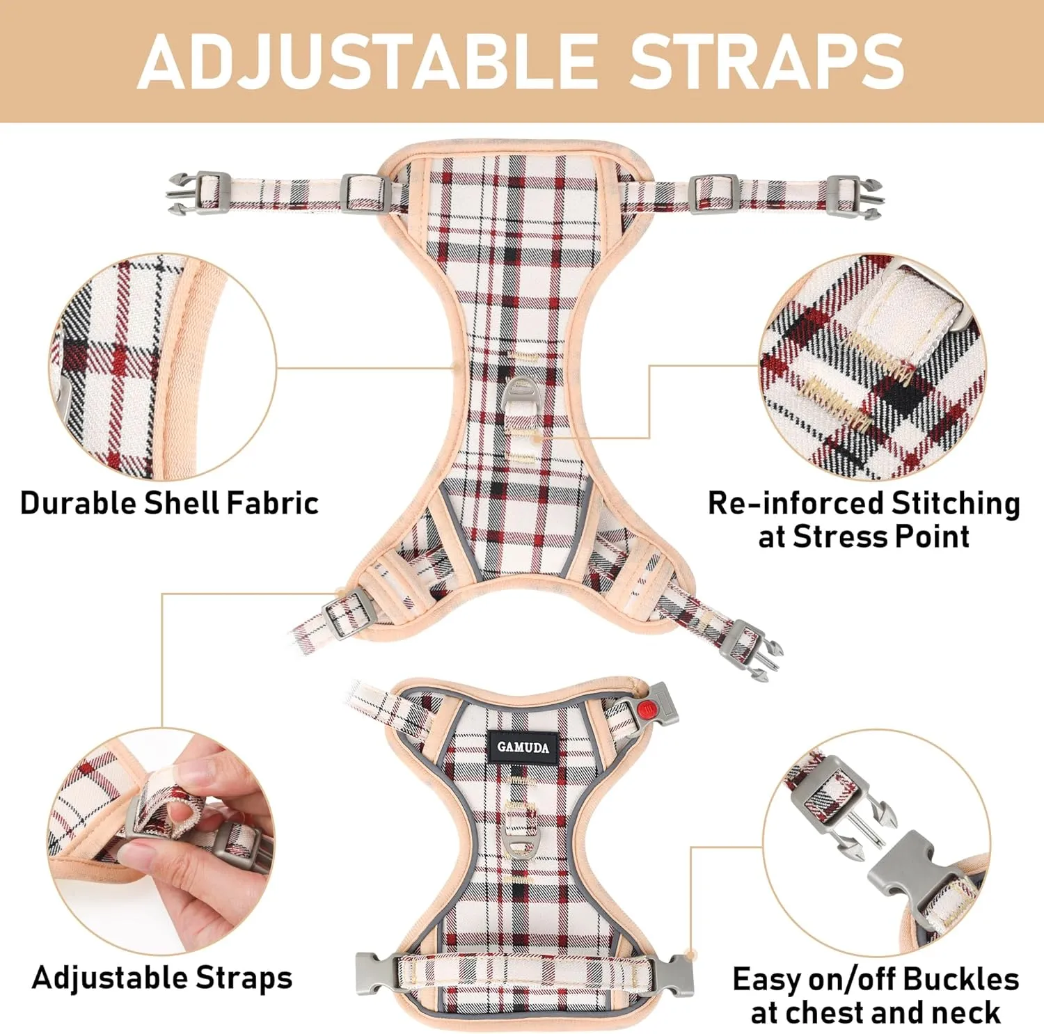 GAMUDA Dog Harness Collar and Leash Set, Dog Harness, No Chock No Pull Adjustable Vest Harnesses Plaid Reflective for Medium Dog, Cat, Small Horse, Small Bull and Pig (Beige, L)