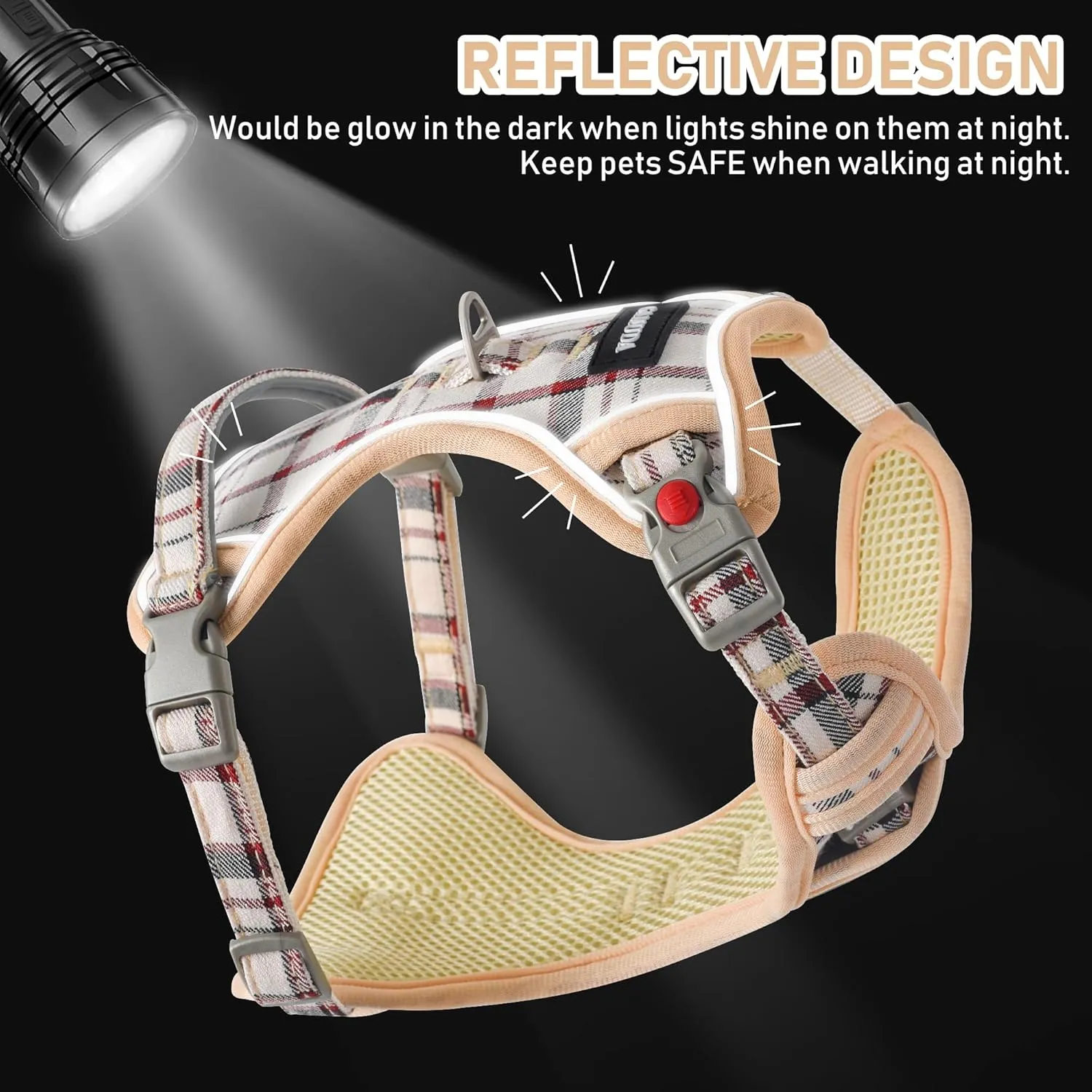 GAMUDA Dog Harness Collar and Leash Set, Dog Harness, No Chock No Pull Adjustable Vest Harnesses Plaid Reflective for Medium Dog, Cat, Small Horse, Small Bull and Pig (Beige, L)