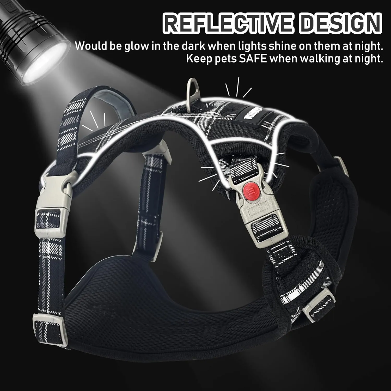 GAMUDA Dog Harness Collar and Leash Set, Horse Care Sheets, No Chock No Pull Adjustable Vest Harnesses Plaid Reflective for Medium Dog, Cat, Small Horse, Small Bull and Pig (Black, XL)