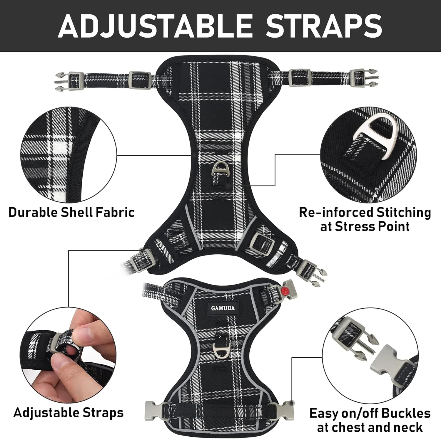 GAMUDA Dog Harness Collar and Leash Set, Horse Care Sheets, No Chock No Pull Adjustable Vest Harnesses Plaid Reflective for Medium Dog, Cat, Small Horse, Small Bull and Pig (Black, XL)