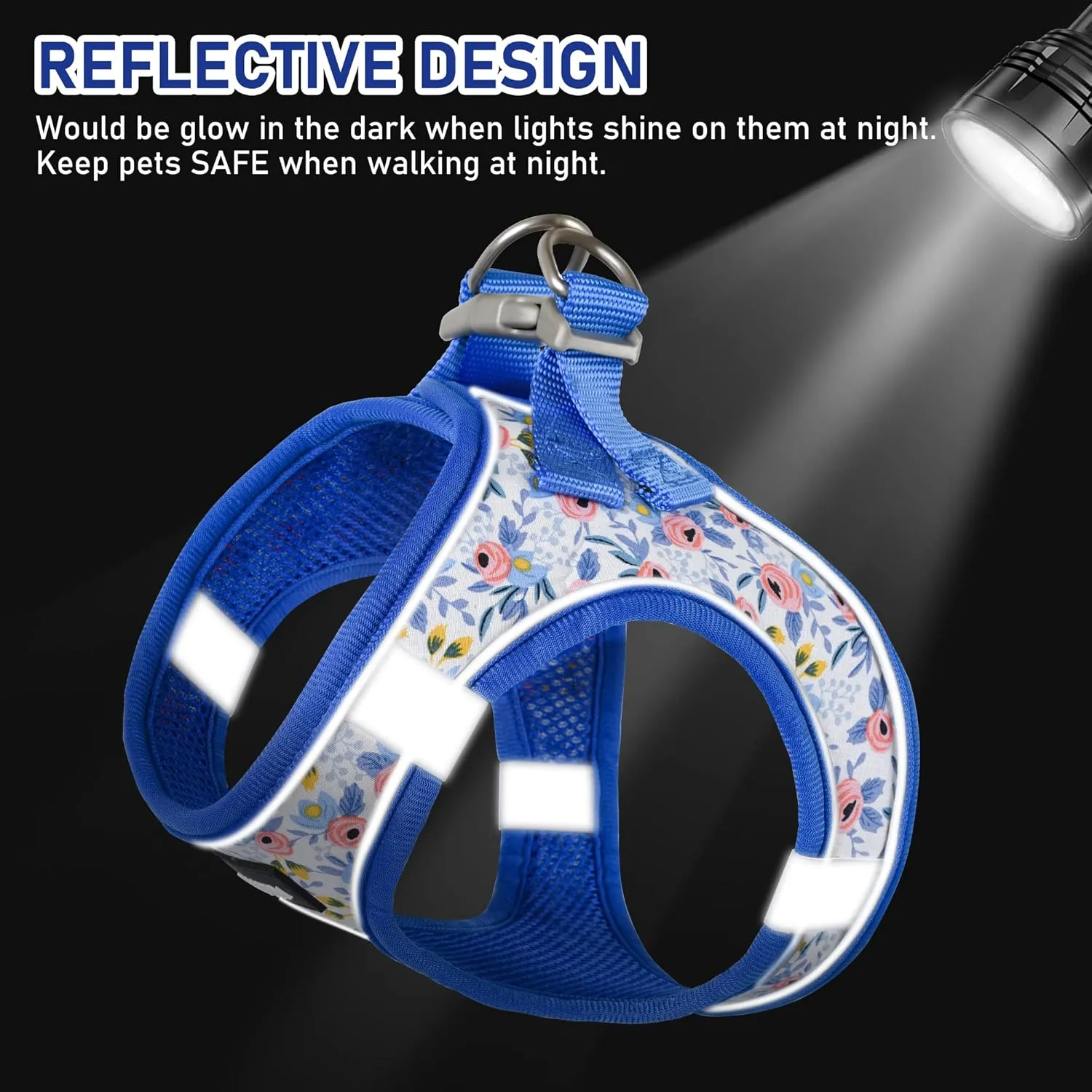 GAMUDA Small Dog Harness Collar and Leash Set, Step in No Chock No Pull Soft Mesh Adjustable Dog Vest Harnesses Plaid Reflective for Dogs Puppy Cats Kitten Rabbit (Blue Flower, XXS)