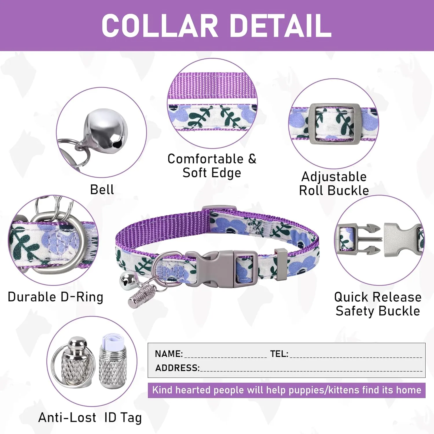 GAMUDA Small Dog Harness Collar and Leash Set, Step in No Chock No Pull Soft Mesh Adjustable Dog Vest Harnesses Plaid Reflective for Dogs Puppy Cats Kitten Rabbit (Purple Flower, XS)