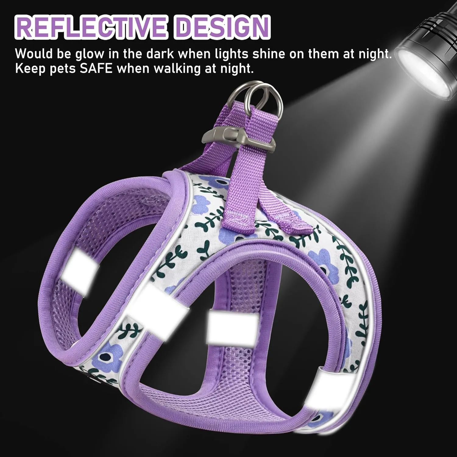 GAMUDA Small Dog Harness Collar and Leash Set, Step in No Chock No Pull Soft Mesh Adjustable Dog Vest Harnesses Plaid Reflective for Dogs Puppy Cats Kitten Rabbit (Purple Flower, XS)