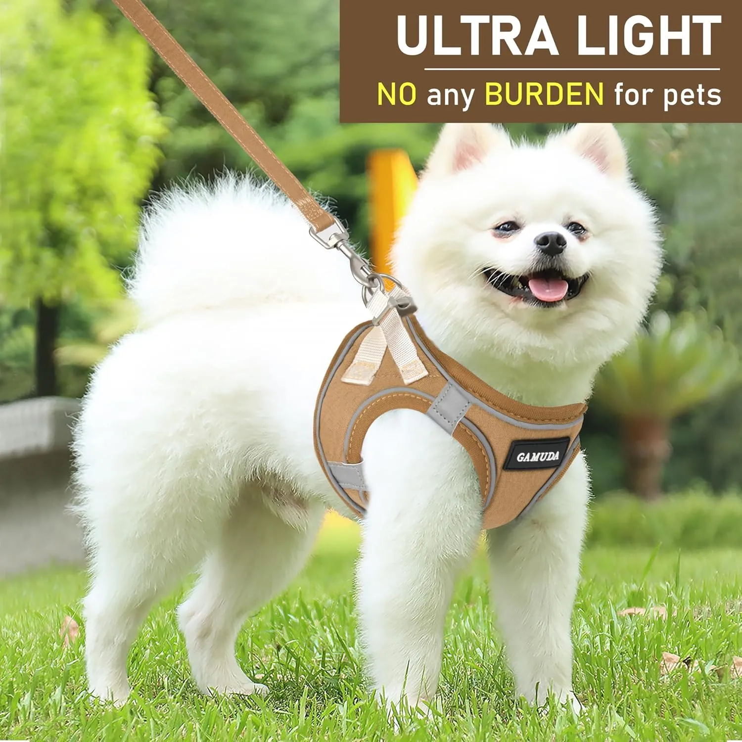 GAMUDA Small Pet Harness Collar and Leash Set, Step in No Chock No Pull Linen Fabric Soft Mesh Dog Vest Harnesses Reflective for Dogs Puppy Cats Kitten Rabbit (Brown, XS)