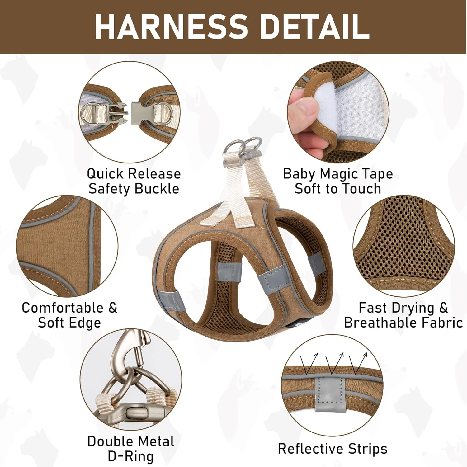 GAMUDA Small Pet Harness Collar and Leash Set, Step in No Chock No Pull Linen Fabric Soft Mesh Dog Vest Harnesses Reflective for Dogs Puppy Cats Kitten Rabbit (Brown, XS)