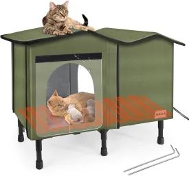 Green Outdoor Feral Cat House - Insulated Oxford Cloth & Heated Pet Bed, Weatherproof, Elevated