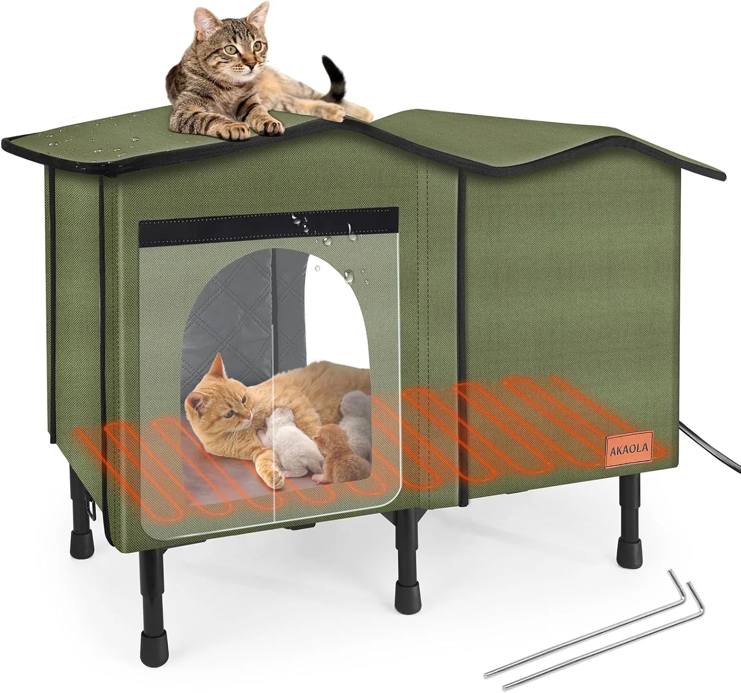 Green Outdoor Feral Cat House - Insulated Oxford Cloth & Heated Pet Bed, Weatherproof, Elevated