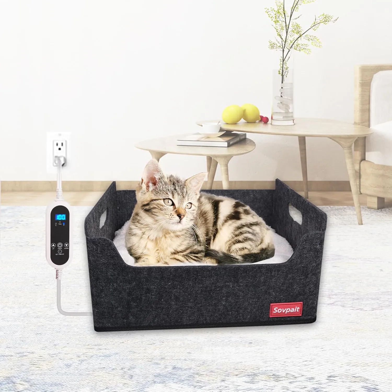 Heated Cat Bed for Indoor Cats Heated Pet Bed for Indoor Cats and Small Dogs,with Multi-Functio Heating Pet Pad Wool Felt Shell and Washable Cushion Bed -15.5L*11W*8H inch Black Grey