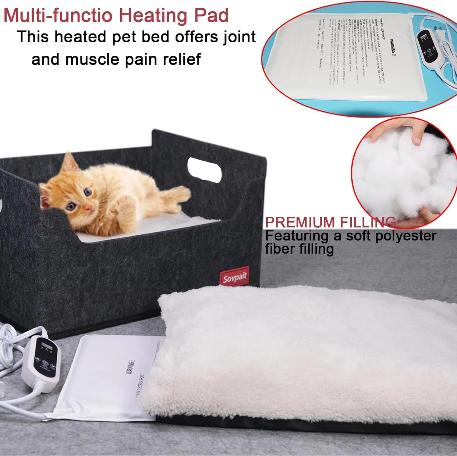 Heated Cat Bed for Indoor Cats Heated Pet Bed for Indoor Cats and Small Dogs,with Multi-Functio Heating Pet Pad Wool Felt Shell and Washable Cushion Bed -15.5L*11W*8H inch Black Grey