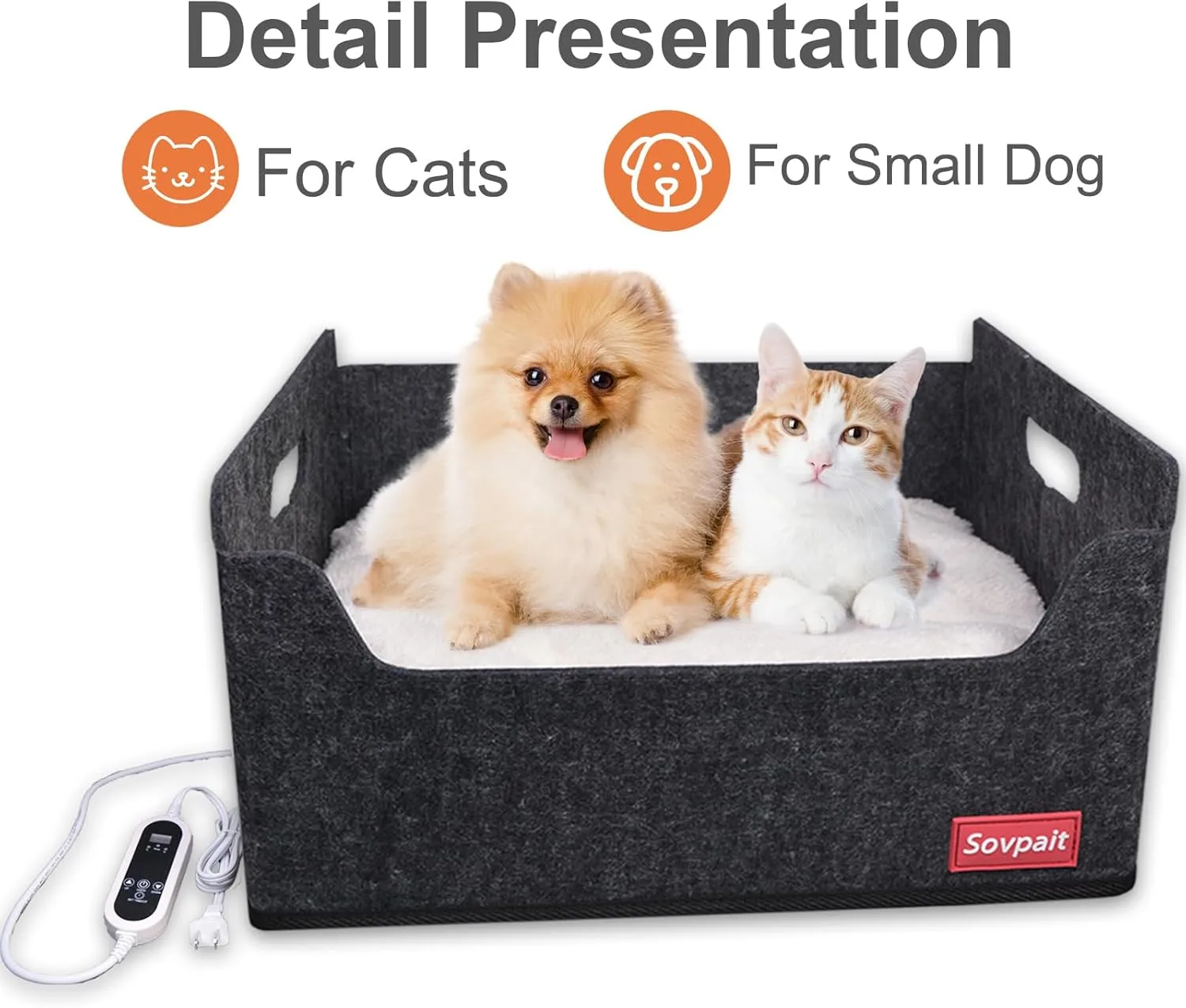 Heated Cat Bed for Indoor Cats Heated Pet Bed for Indoor Cats and Small Dogs,with Multi-Functio Heating Pet Pad Wool Felt Shell and Washable Cushion Bed -15.5L*11W*8H inch Black Grey