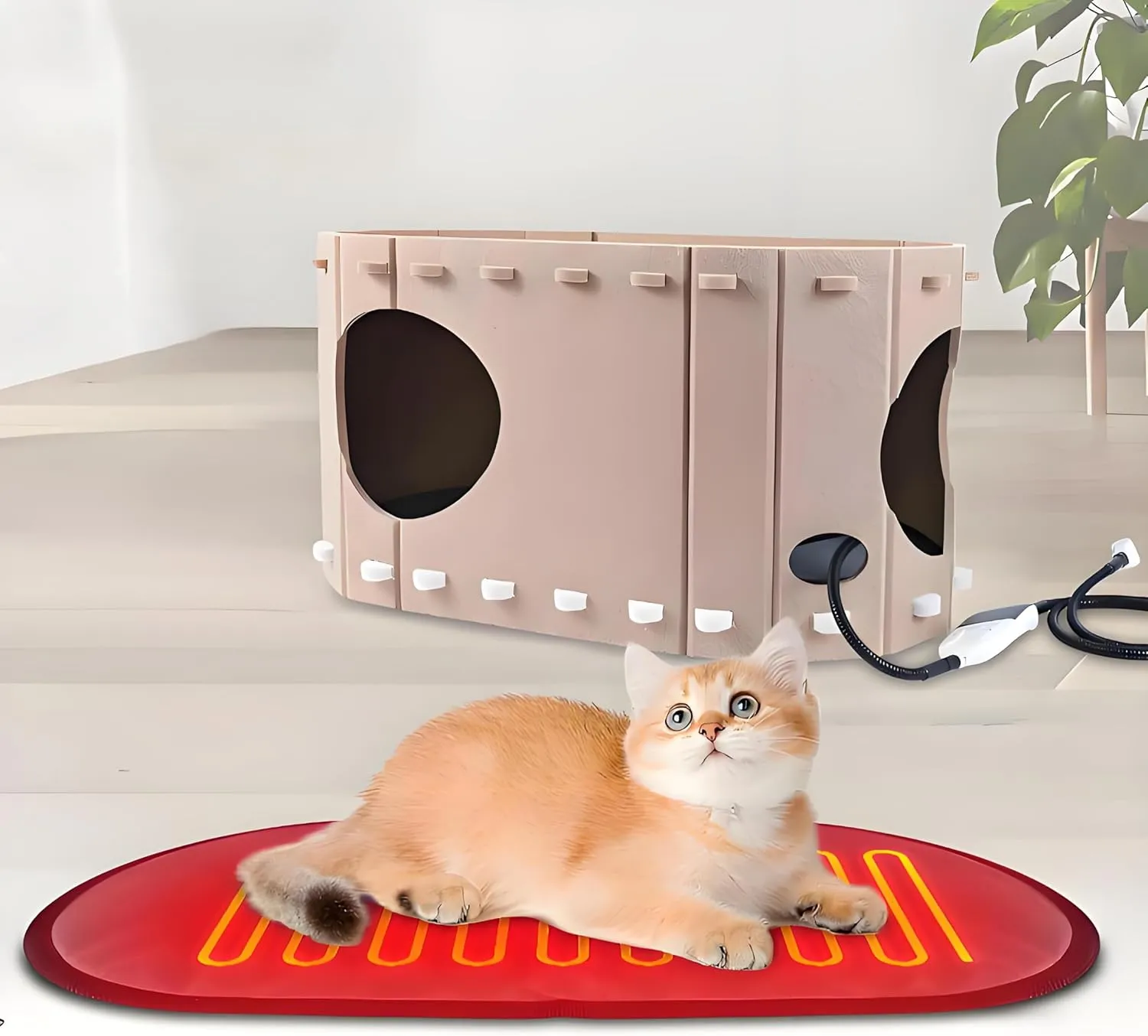 Heated Cat House for Indoor Cats,Heated Pet Bed with Timer & Temp Adjustable,Removable Waterproof Pet Heating Pad for Indoor Kitty,Felt Heated cat House Scratch Resistant Caves