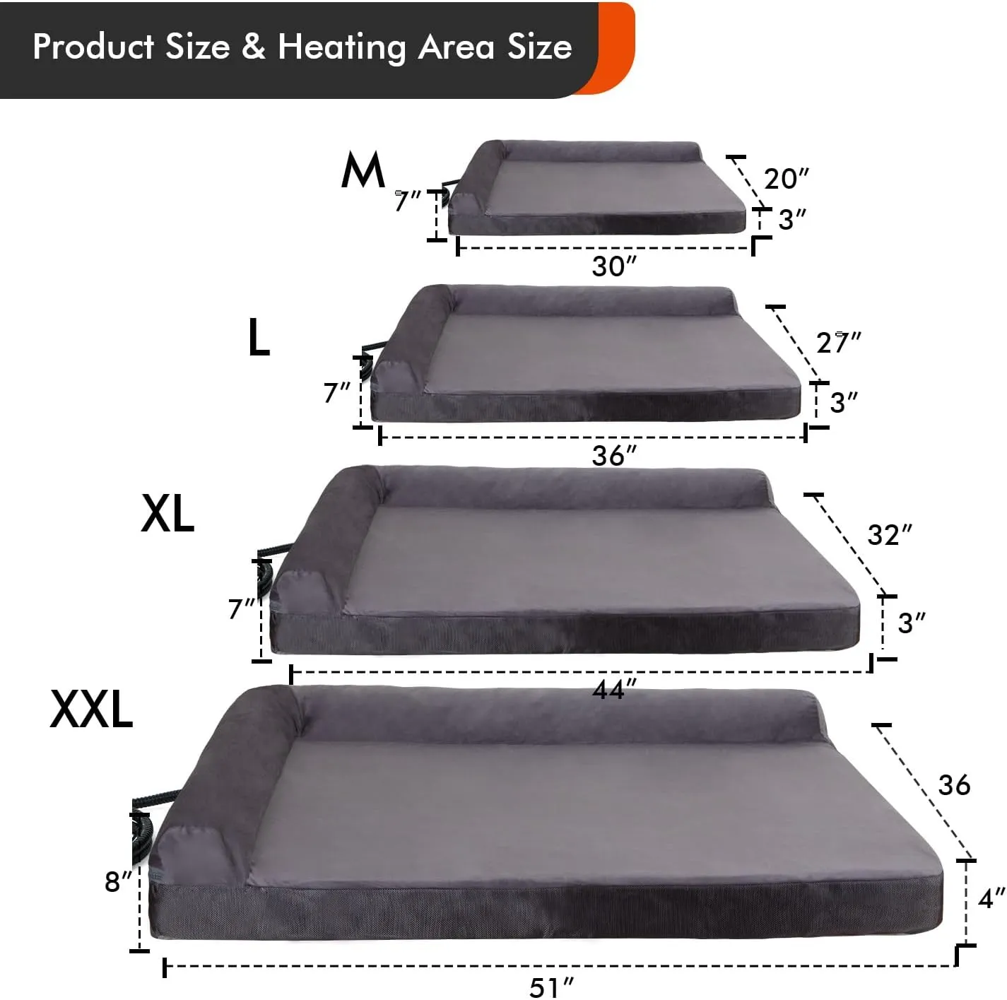 HEATFOX Upgraded Heated Dog Bed L-Shaped Chaise,12V Safe Voltage Arthritis Dog Bed with Memory Foam, Heated Pet Bed with Waterproof Cover for Medium, Large Dogs/M
