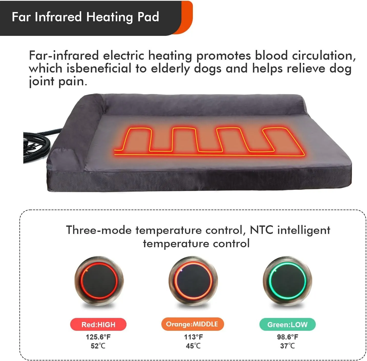 HEATFOX Upgraded Heated Dog Bed L-Shaped Chaise,12V Safe Voltage Arthritis Dog Bed with Memory Foam, Heated Pet Bed with Waterproof Cover for Medium, Large Dogs/M