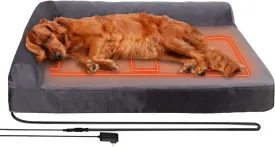 HEATFOX Upgraded Heated Dog Bed L-Shaped Chaise,12V Safe Voltage Arthritis Dog Bed with Memory Foam, Heated Pet Bed with Waterproof Cover for Medium, Large Dogs/M