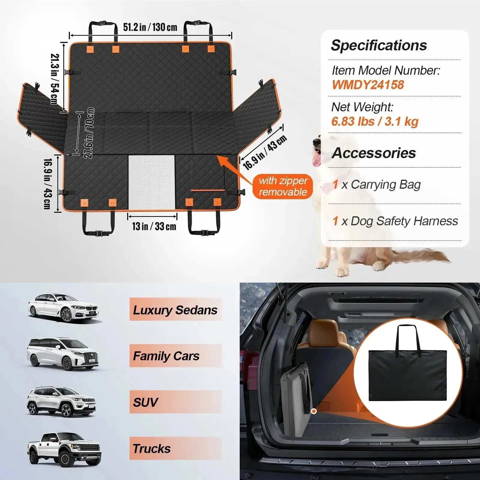 Heavy-Duty Dog Car Seat Cover – 7-Layer Waterproof, 350lbs Support, Hard Bottom