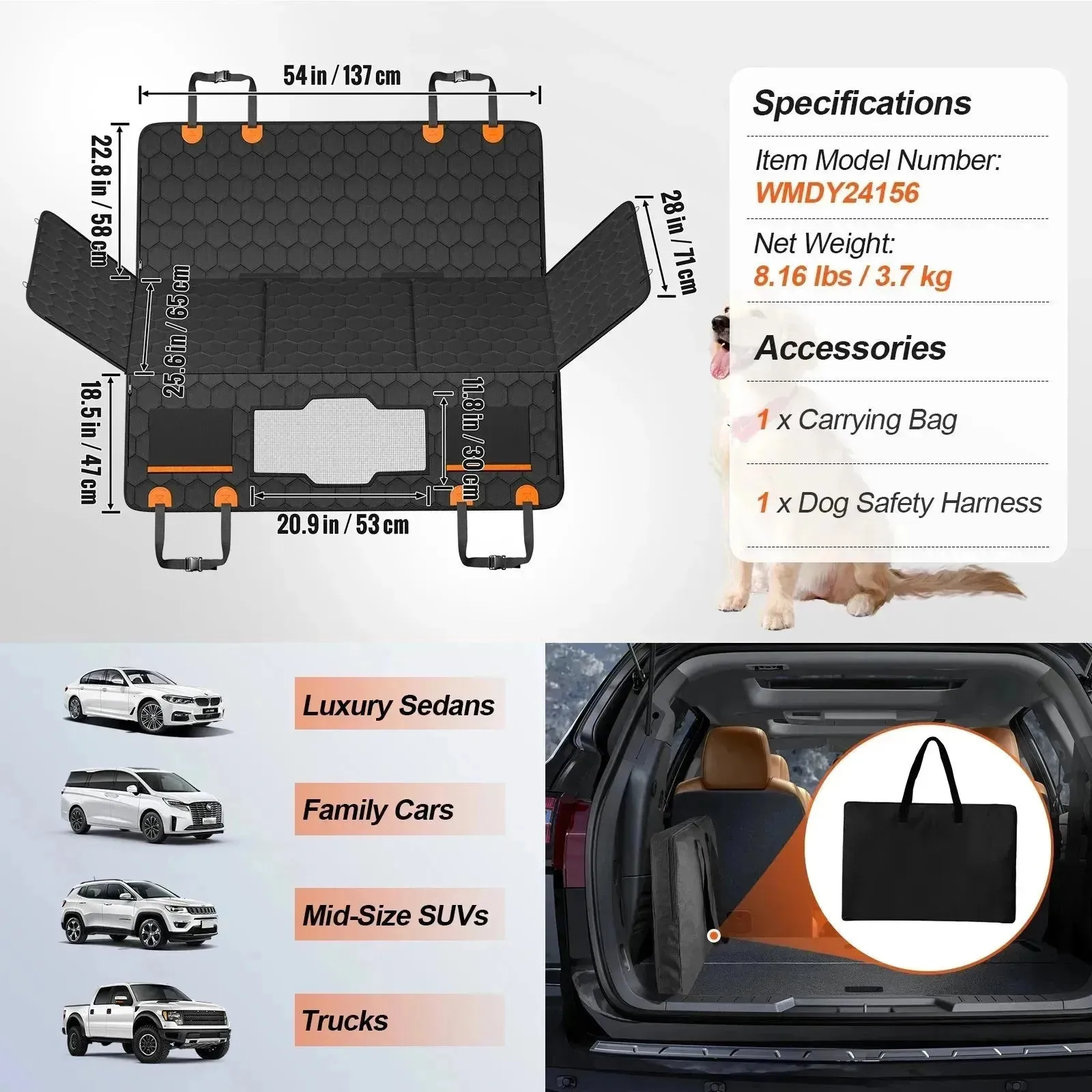 Heavy-Duty Dog Car Seat Cover – 7-Layer Waterproof, 350lbs Support, Hard Bottom