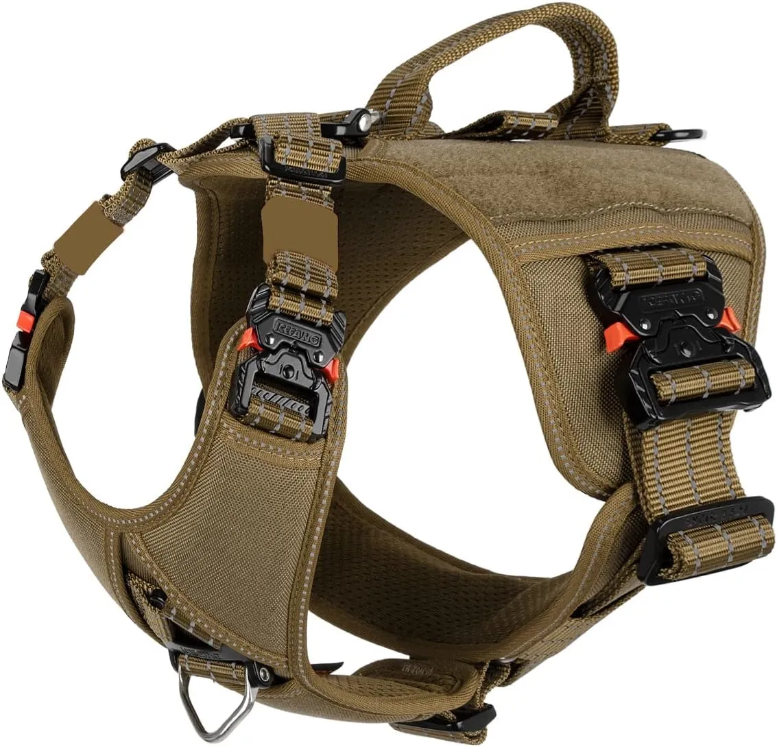 ICEFANG GN8 Tactical Dog Harness with 4X Metal Buckles for Medium Sized Dogs,Reflective in Training Walking K9 Vest,No-Pull Front Leash Clip,Adjustable Pet Harness (Brown, Medium (Pack of 1))